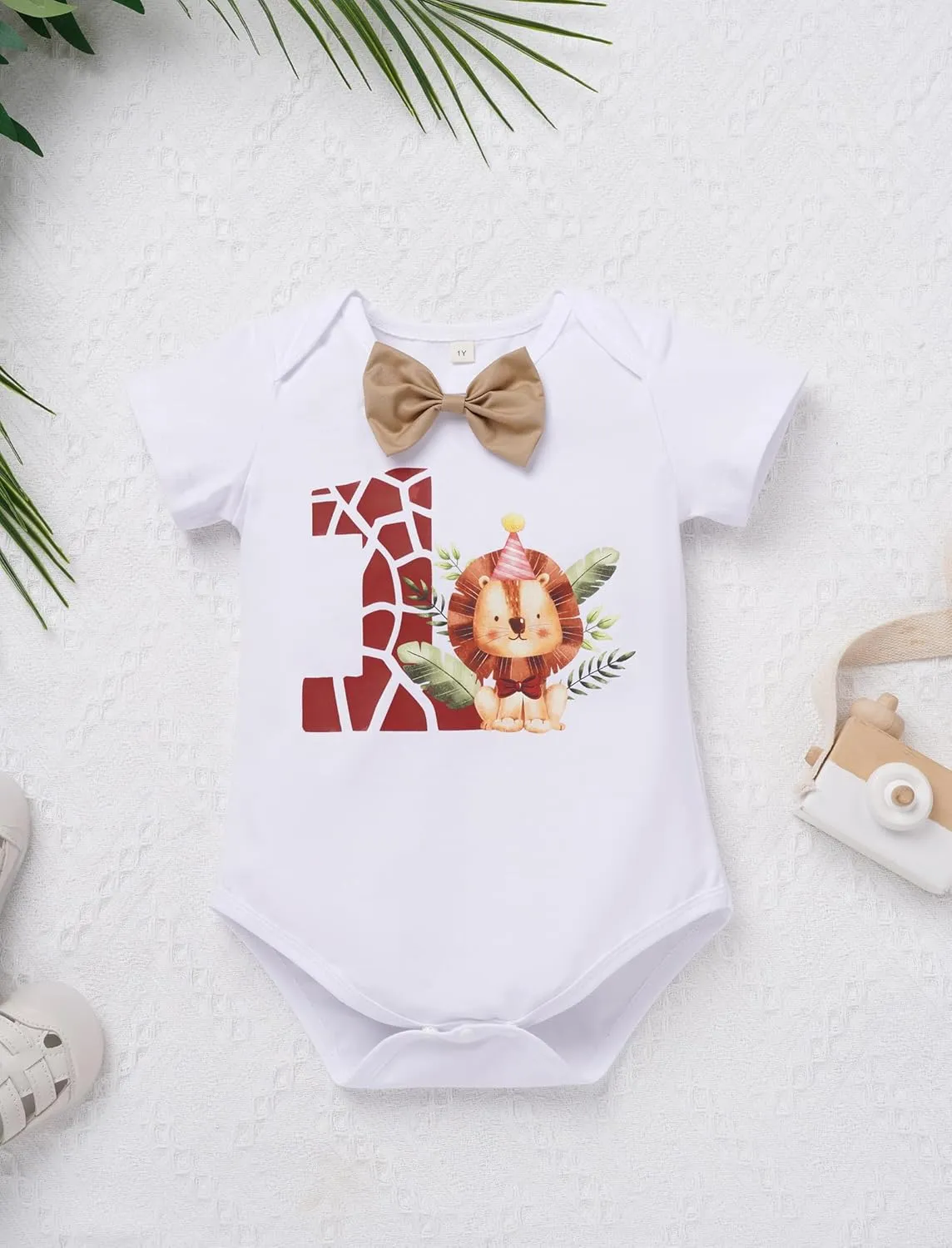 OBEEII First Birthday Outfit Baby Boy Cake Smash Outfit Safari Zookeeper Animal Lion Bow Tie Romper   Suspender Shorts   Hat