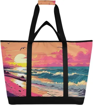 Ocean Waves Reusable Insulated Lunchbox Cooler Bag, Leakproof Kitchen Grocery Bag Collapsible Portable Cooler Tote Bag for Picnic, Camping, Office, Travel