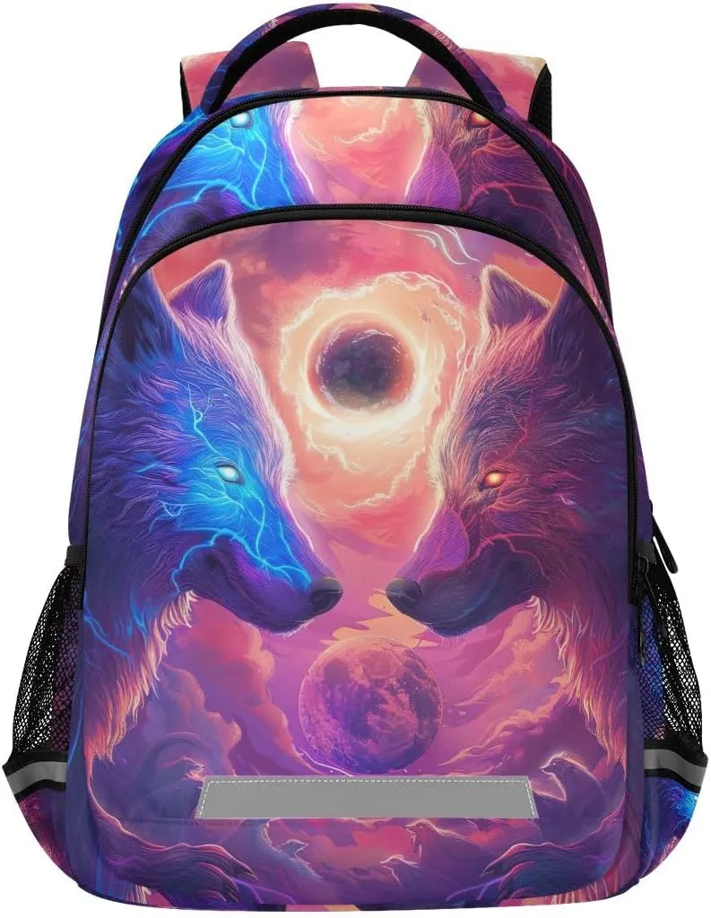 ODAWA Hostile Wolves School Backpack for Girls Boys, Kids Daypack for Age 6-12, Bag with Chest Strap Reflective Strip