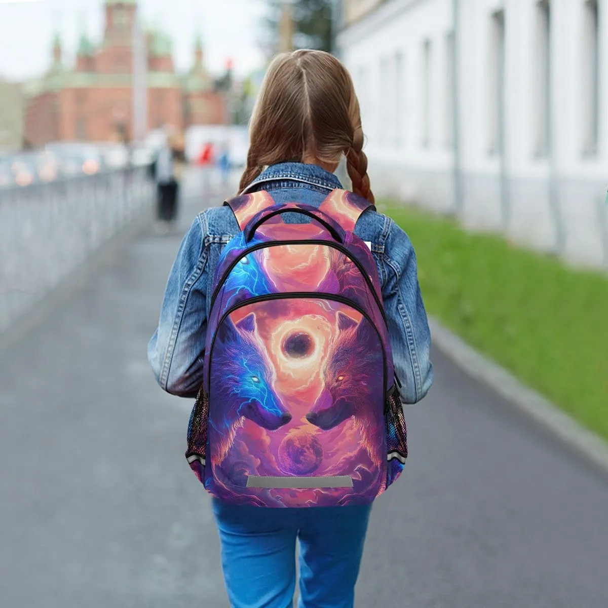 ODAWA Hostile Wolves School Backpack for Girls Boys, Kids Daypack for Age 6-12, Bag with Chest Strap Reflective Strip