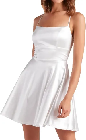 ODIZLI Women's Satin Square Neck Spaghetti Straps Tie Back Ruffle Mini Dress Party Dress