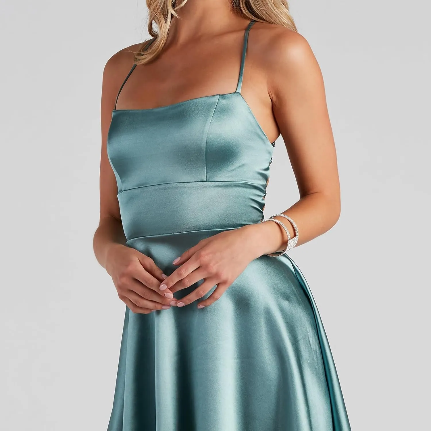 ODIZLI Women's Satin Square Neck Spaghetti Straps Tie Back Ruffle Mini Dress Party Dress