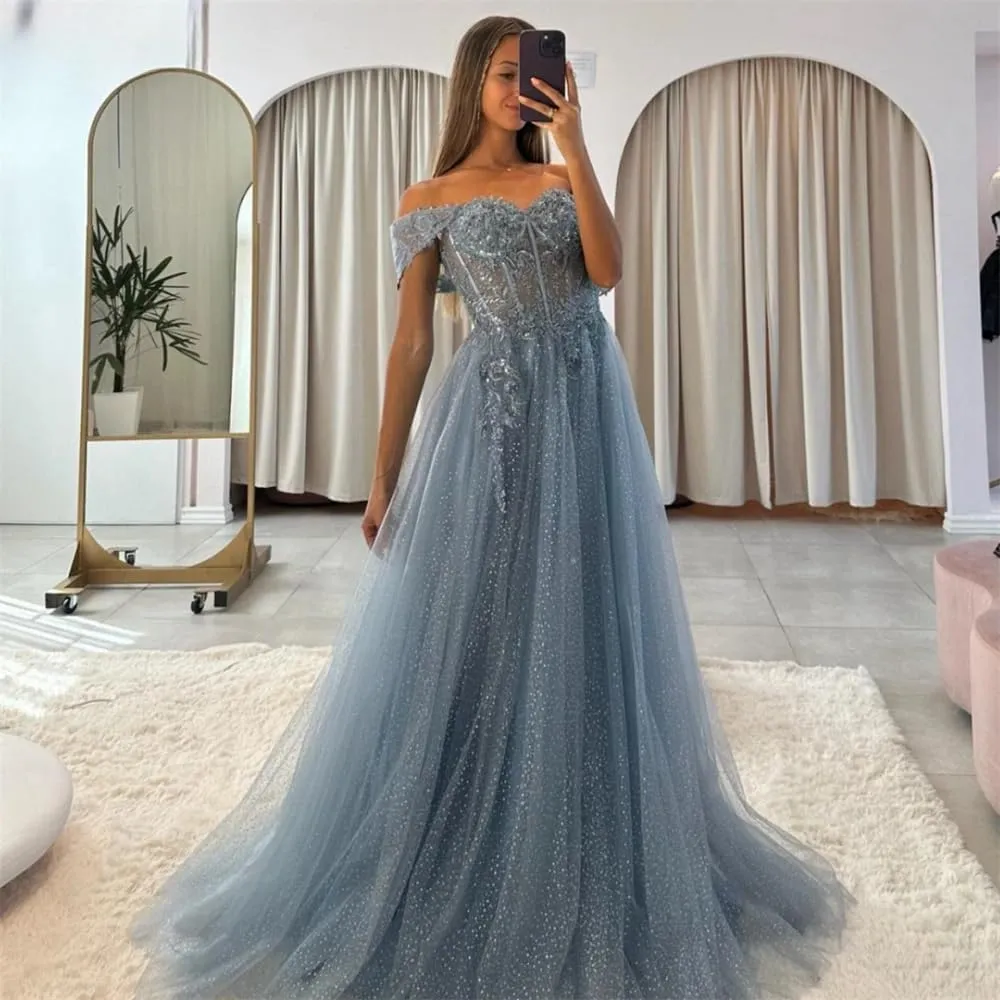 Off The Shoulder Tulle Prom Dresses 2025 Lace Applique A Line Long Sparkly Formal Evening Party Gowns