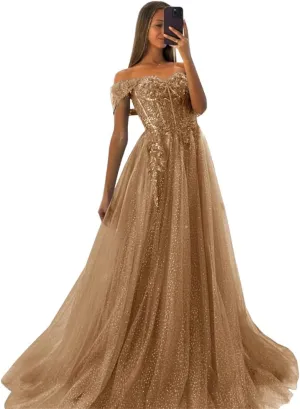 Off The Shoulder Tulle Prom Dresses 2025 Lace Applique A Line Long Sparkly Formal Evening Party Gowns