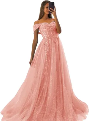 Off The Shoulder Tulle Prom Dresses 2025 Lace Applique A Line Long Sparkly Formal Evening Party Gowns