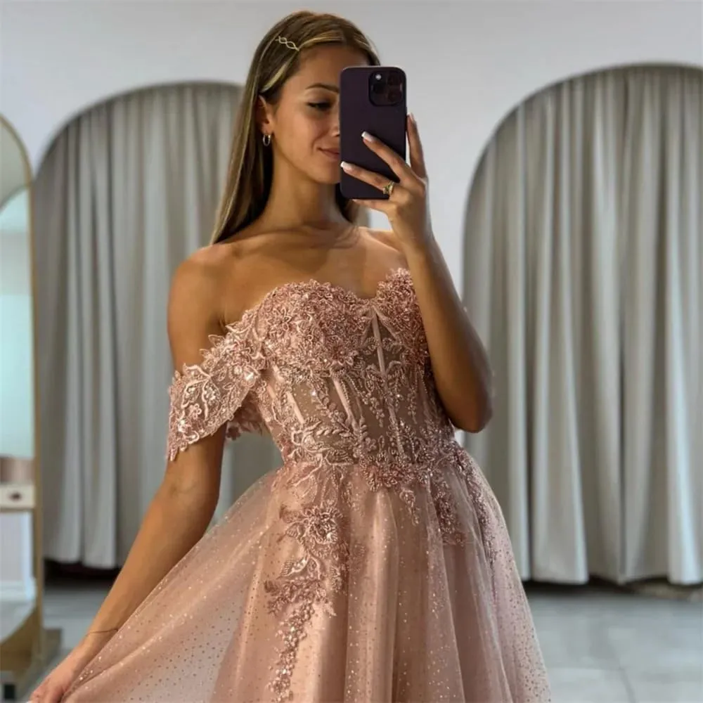 Off The Shoulder Tulle Prom Dresses 2025 Lace Applique A Line Long Sparkly Formal Evening Party Gowns