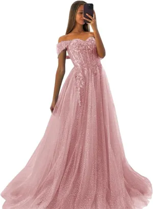 Off The Shoulder Tulle Prom Dresses 2025 Lace Applique A Line Long Sparkly Formal Evening Party Gowns