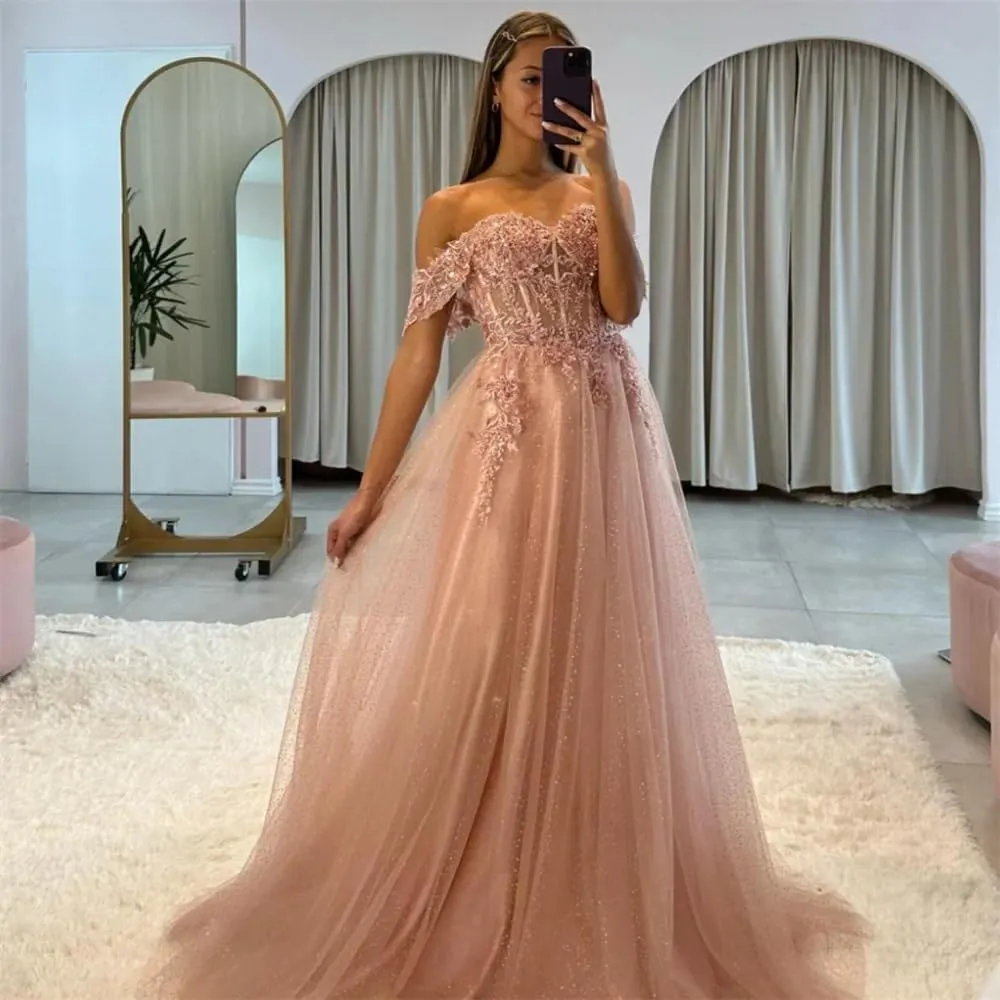 Off The Shoulder Tulle Prom Dresses 2025 Lace Applique A Line Long Sparkly Formal Evening Party Gowns