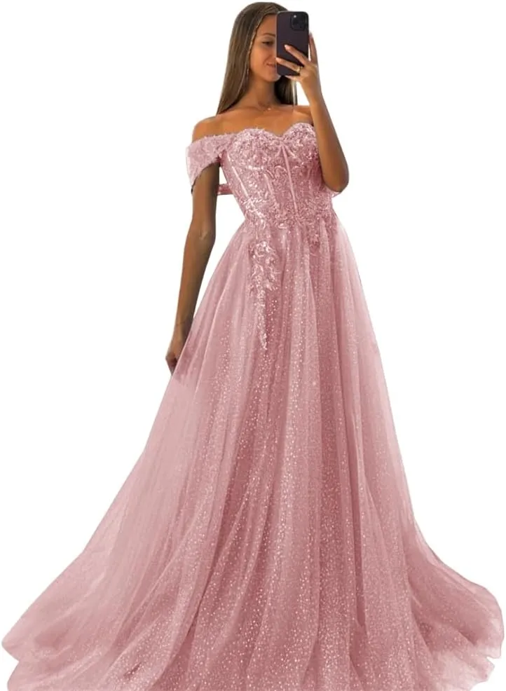 Off The Shoulder Tulle Prom Dresses 2025 Lace Applique A Line Long Sparkly Formal Evening Party Gowns