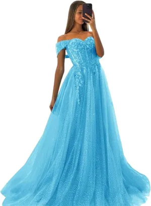 Off The Shoulder Tulle Prom Dresses 2025 Lace Applique A Line Long Sparkly Formal Evening Party Gowns