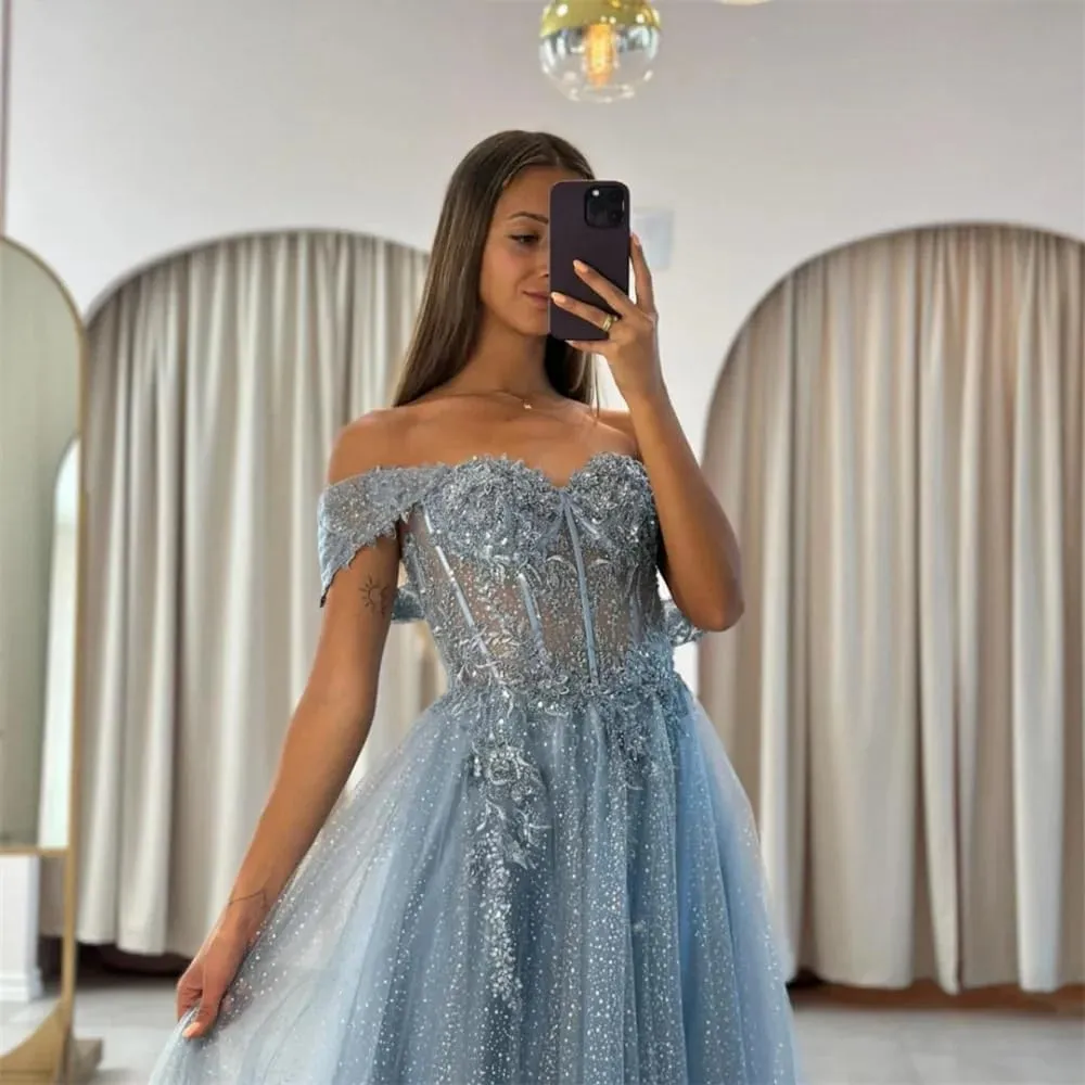 Off The Shoulder Tulle Prom Dresses 2025 Lace Applique A Line Long Sparkly Formal Evening Party Gowns