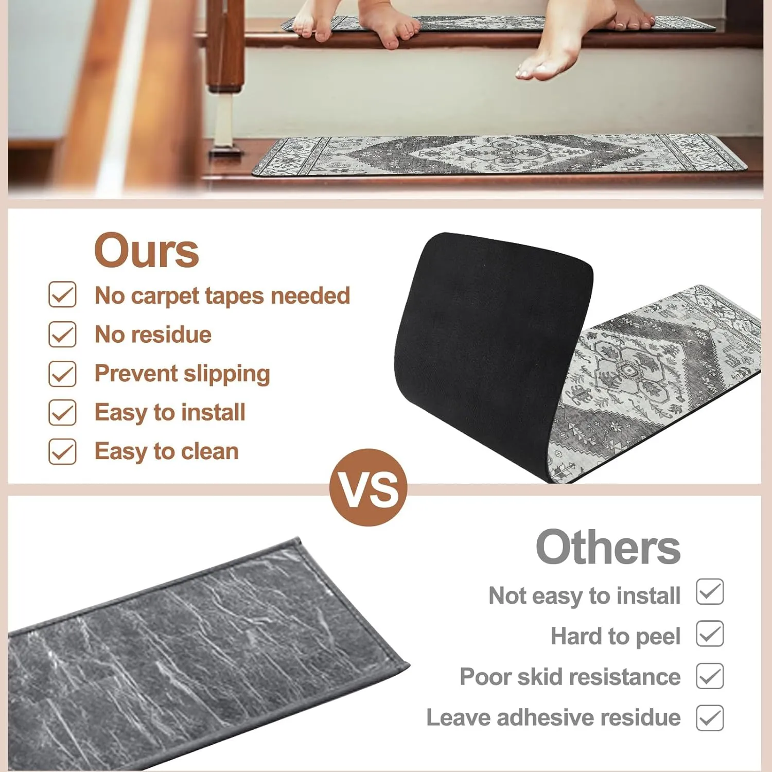OJIA Stair Treads for Wooden Steps Non-Slip Landing Mat Stair Rug with Rubber Backing, Stair Runner Matching Mat Safety Rugs for Family, Absorbent Washable 31x31 inch, Gray