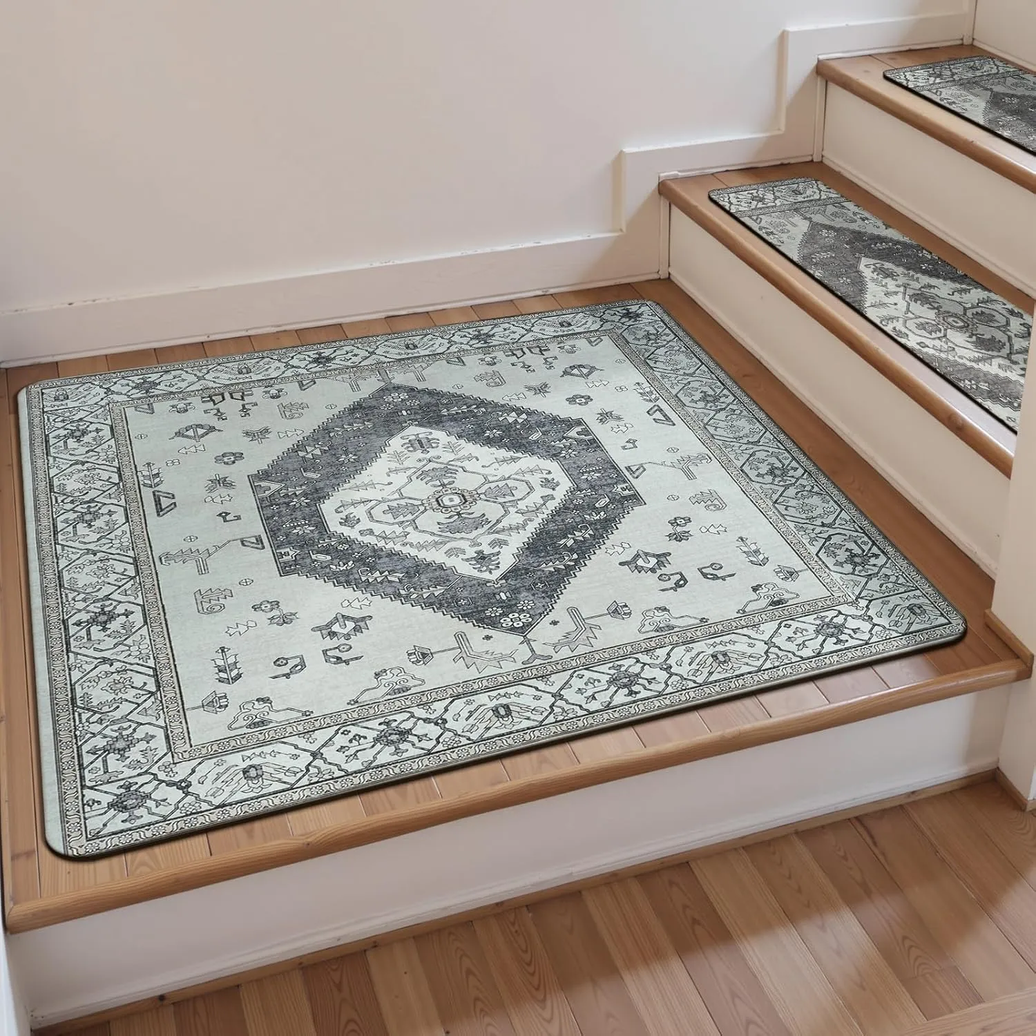 OJIA Stair Treads for Wooden Steps Non-Slip Landing Mat Stair Rug with Rubber Backing, Stair Runner Matching Mat Safety Rugs for Family, Absorbent Washable 31x31 inch, Gray