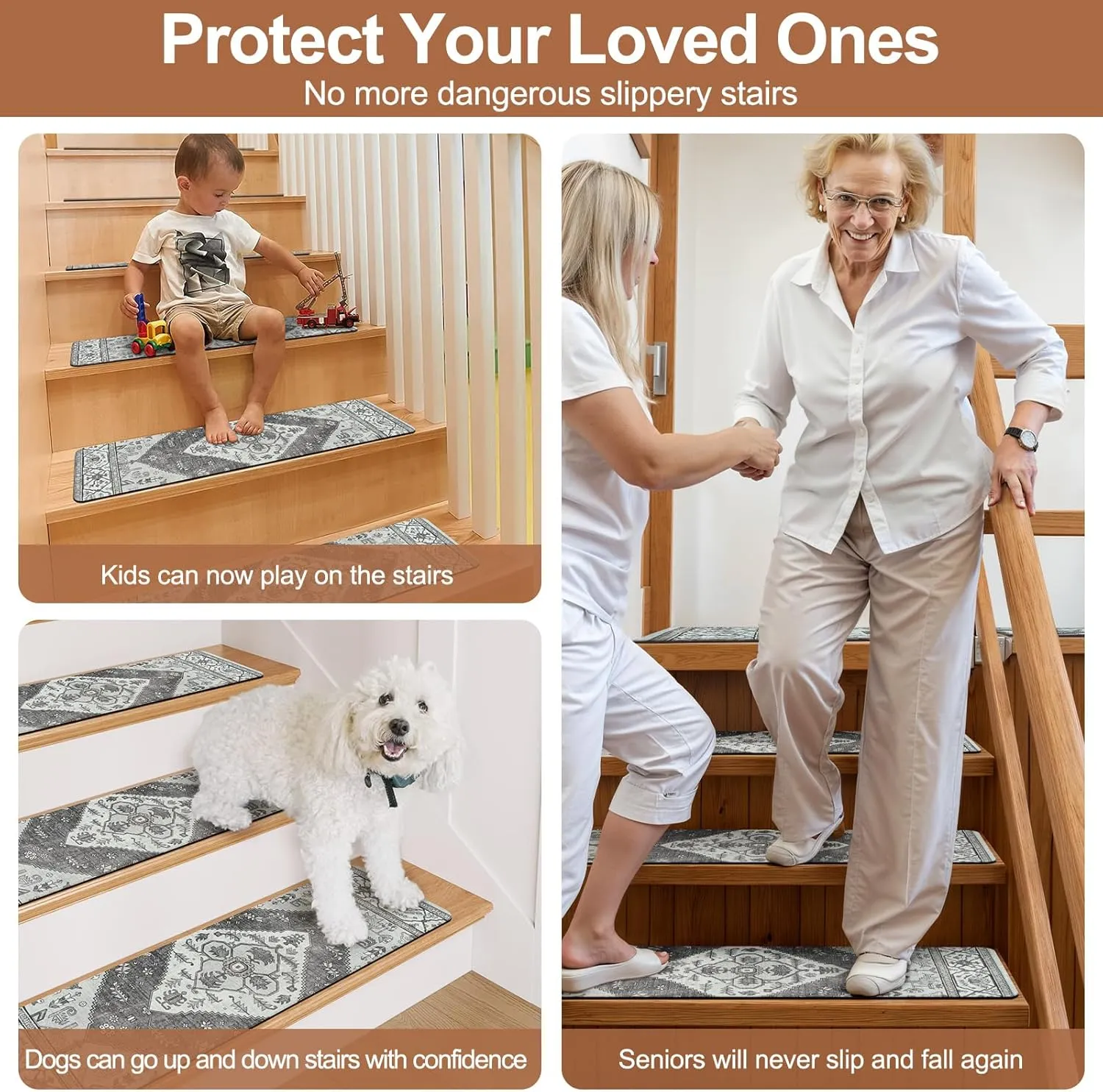 OJIA Stair Treads for Wooden Steps Non-Slip Landing Mat Stair Rug with Rubber Backing, Stair Runner Matching Mat Safety Rugs for Family, Absorbent Washable 31x31 inch, Gray