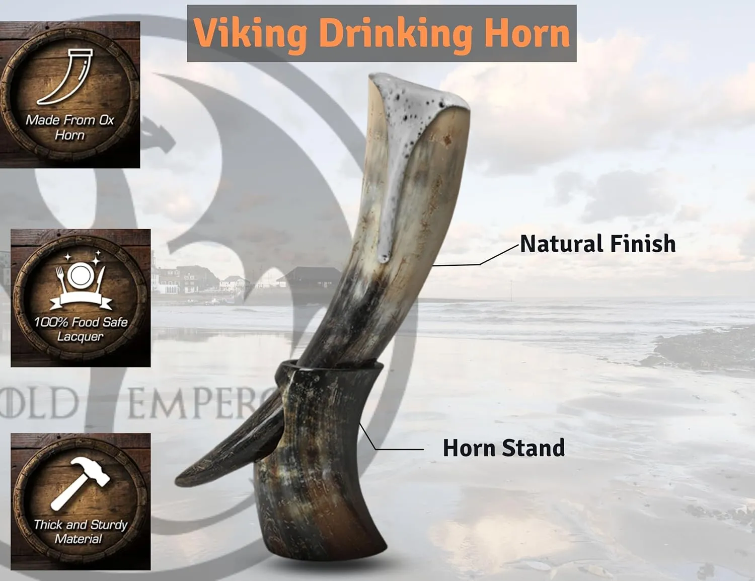 OLDEMPEROR Viking Drinking Horn - 12 Inch with Horn Stand | Handmade Beer Cup | Food Grade | Unique Genuine Ox | Natural Shine Finish | Viking Gift for Men and Women