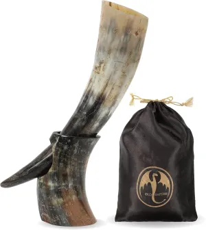 OLDEMPEROR Viking Drinking Horn - 12 Inch with Horn Stand | Handmade Beer Cup | Food Grade | Unique Genuine Ox | Natural Shine Finish | Viking Gift for Men and Women