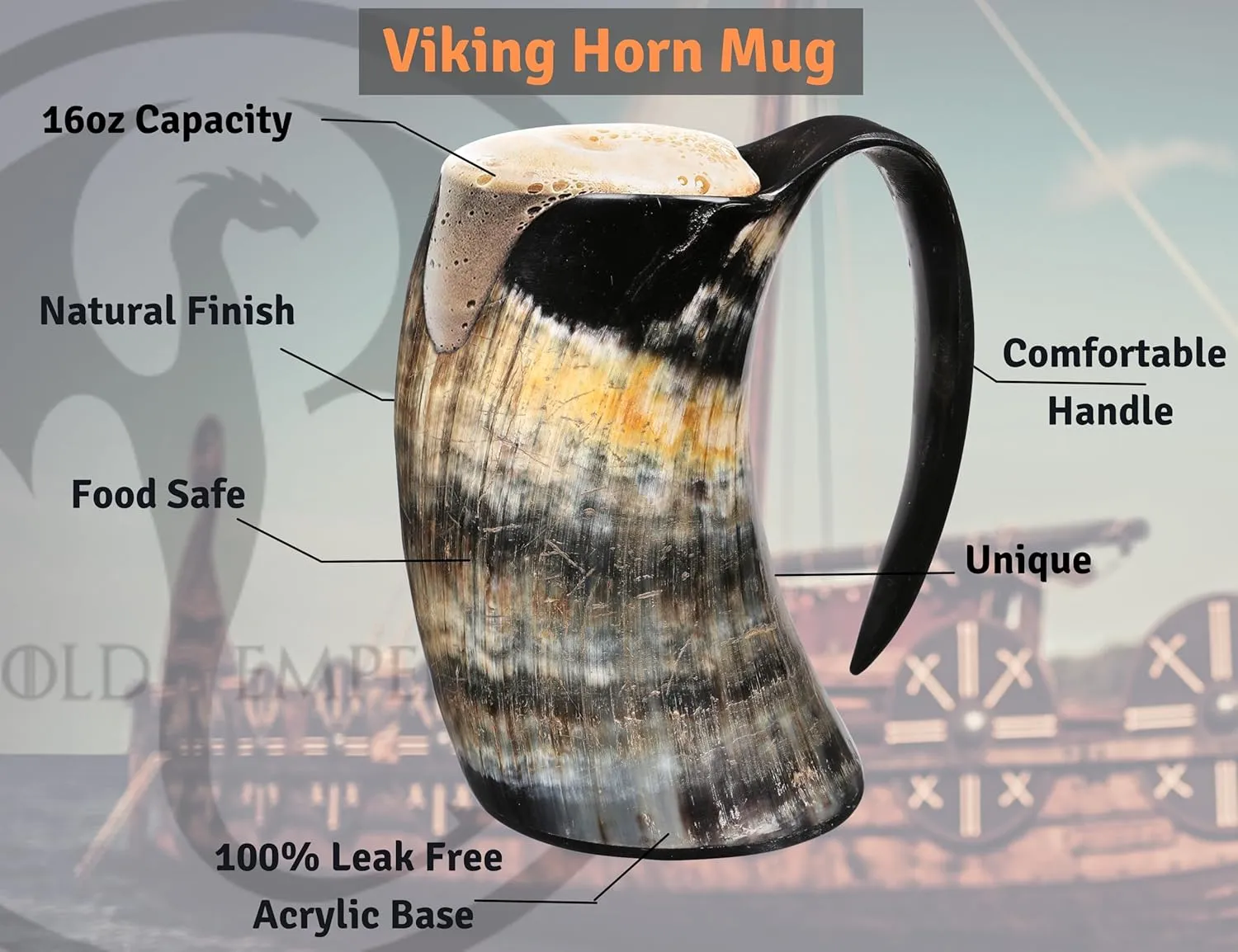 OLDEMPEROR Viking Horn Mug - 100% Authentic 16oz - Ultimate Unique Handmade Ox Horn Norse Mug for Hot & Cold Drinks- Viking Gift for Men and Women- Food Grade Medieval Style Man's Beer & Mead Cup…