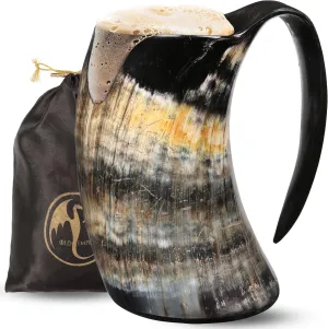 OLDEMPEROR Viking Horn Mug - 100% Authentic 16oz - Ultimate Unique Handmade Ox Horn Norse Mug for Hot & Cold Drinks- Viking Gift for Men and Women- Food Grade Medieval Style Man's Beer & Mead Cup…