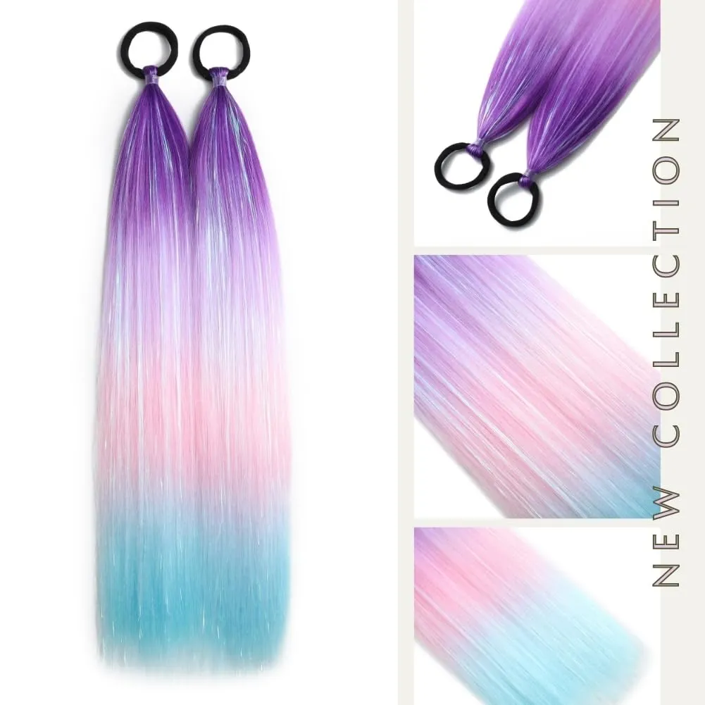 Ombre Ponytail Hair Tinsel Extensions, Synthetic Hair Extensions For Women Girls Hair Accessories Purple/Pink to Blue Tinsel Extensions Daily Party Costume Rave Wacky Braiding Extensions 2pcs/lot
