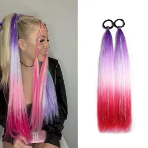 Ombre Tinsel Extensions Ponytail Extensions With Rubber Band, Purple to Pink Ponytail Synthetic Hair for Women Girls Hair Accessories Wacky Braids Ponytail Daily Party Festival Halloween 2pcs/lot