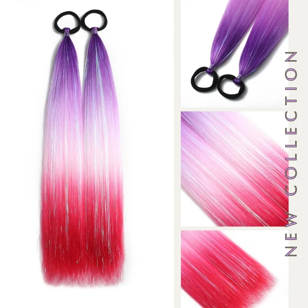 Ombre Tinsel Extensions Ponytail Extensions With Rubber Band, Purple to Pink Ponytail Synthetic Hair for Women Girls Hair Accessories Wacky Braids Ponytail Daily Party Festival Halloween 2pcs/lot