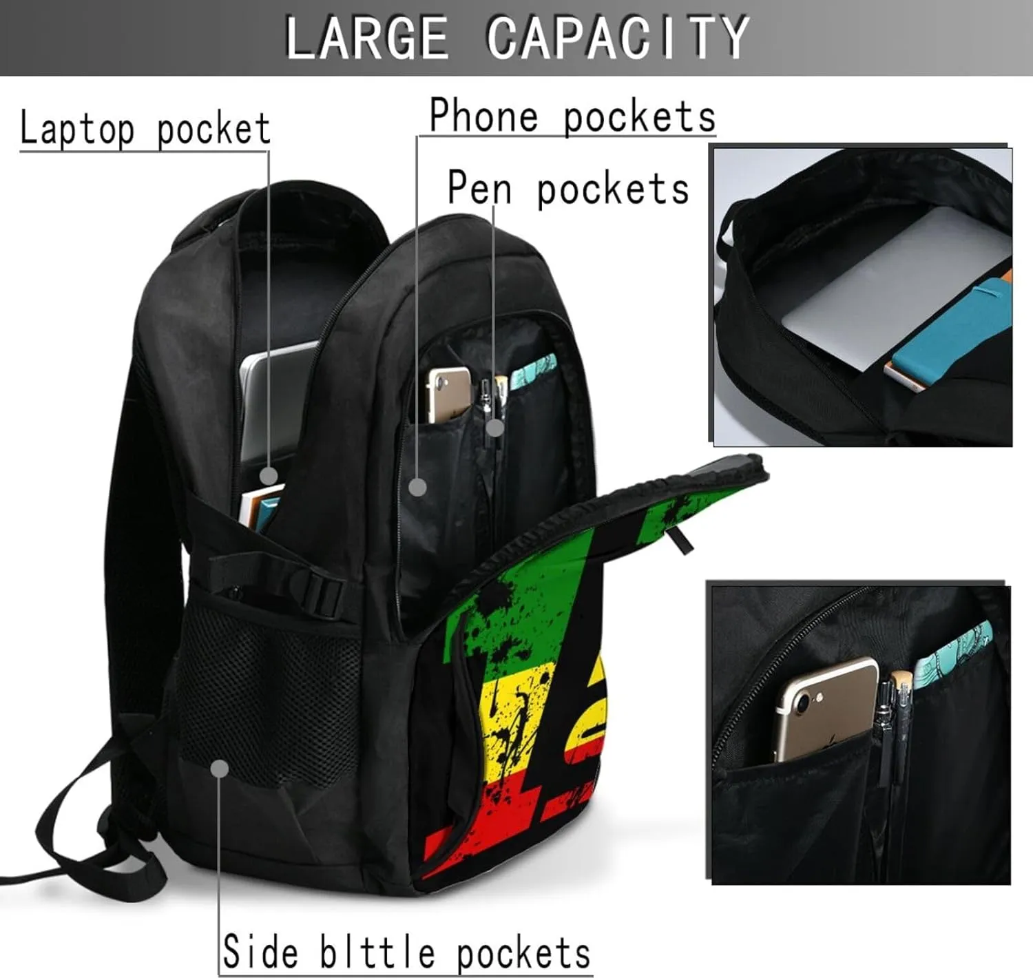 One Loves Jamaican Rasta Reggae Travel Backpack Laptop Backpacks Business Rucksack Outdoor Daypack Large Sport Bag with Luggage Strap USB Charging Port for Hiking Working