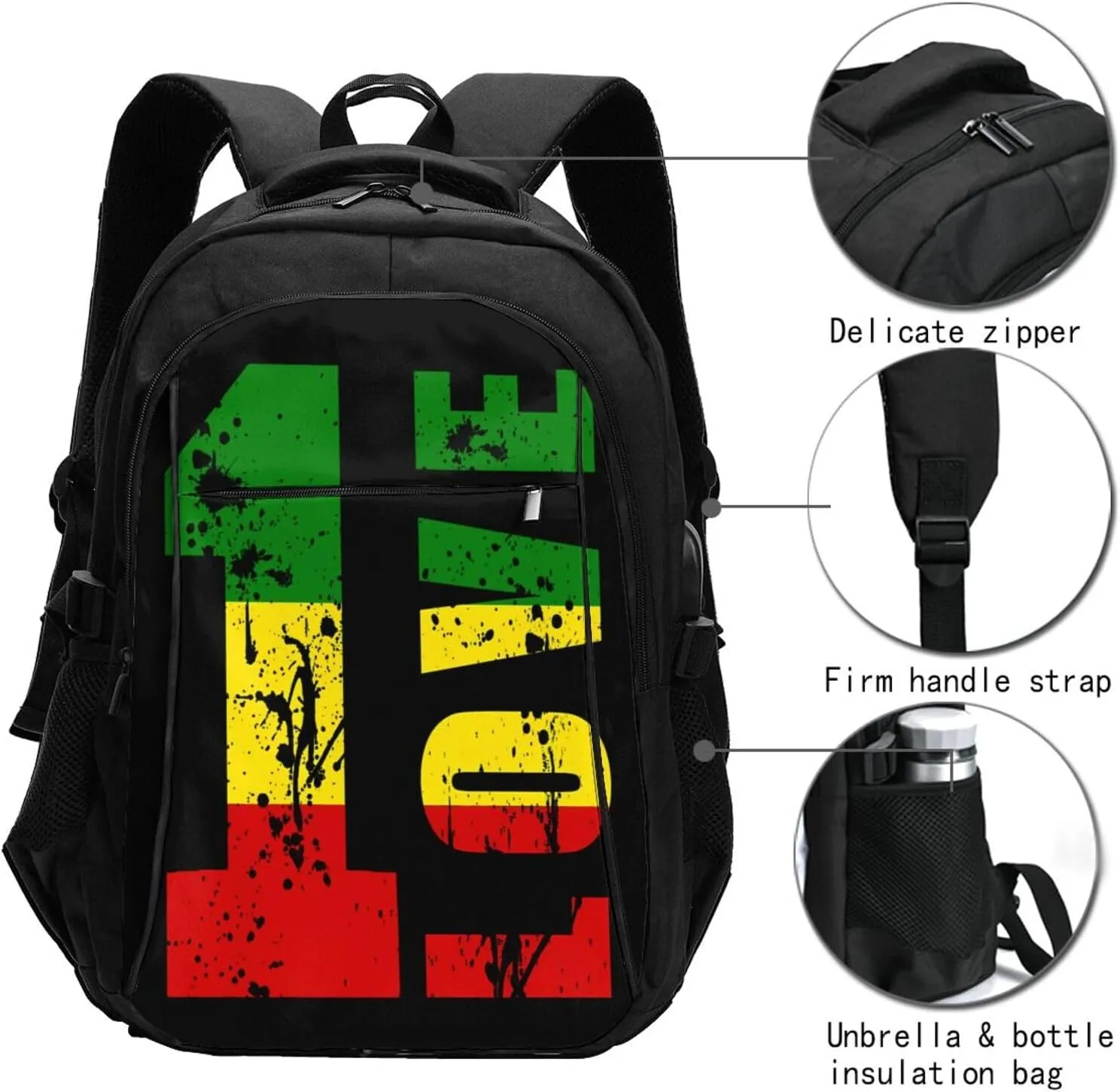 One Loves Jamaican Rasta Reggae Travel Backpack Laptop Backpacks Business Rucksack Outdoor Daypack Large Sport Bag with Luggage Strap USB Charging Port for Hiking Working