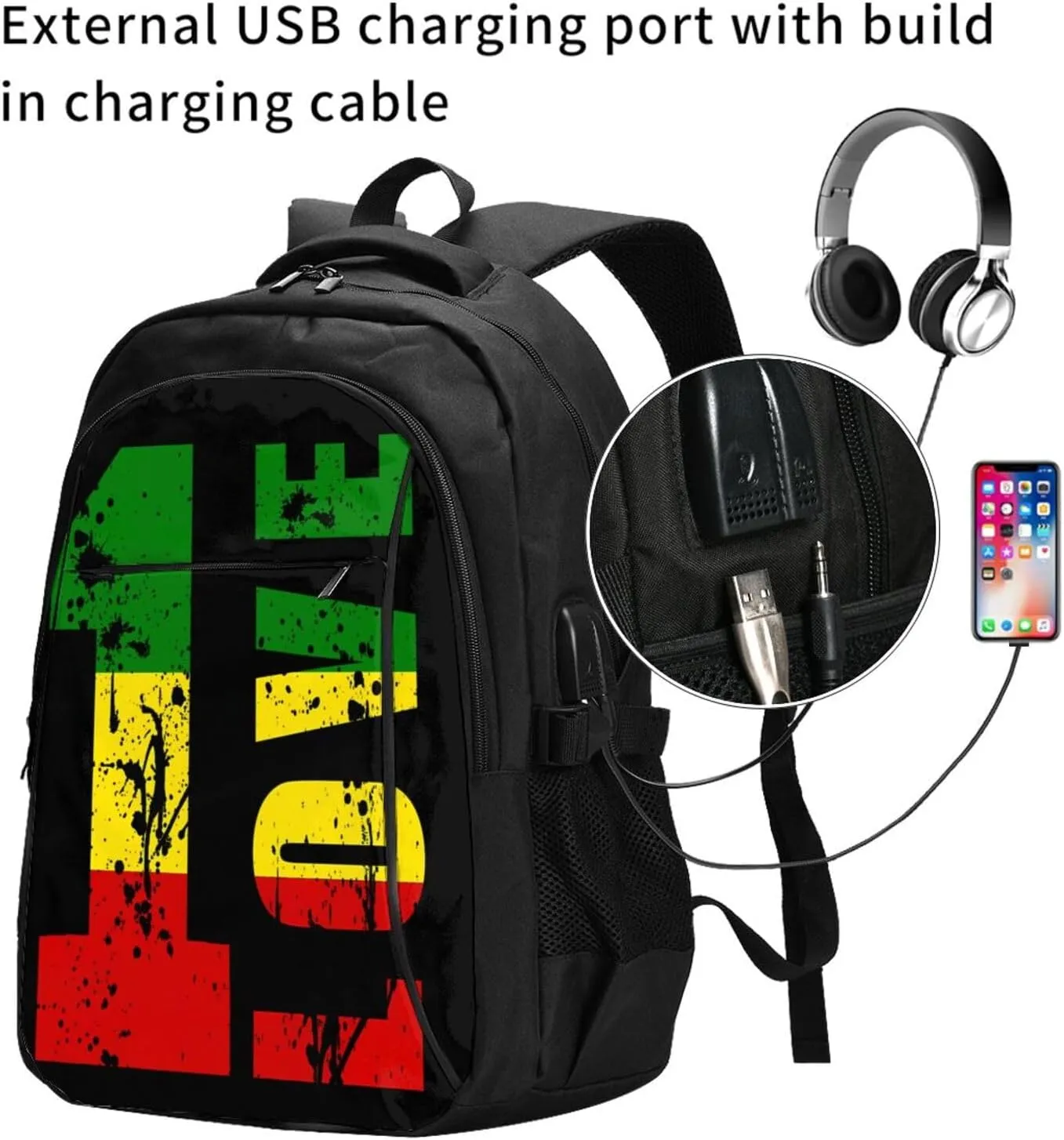 One Loves Jamaican Rasta Reggae Travel Backpack Laptop Backpacks Business Rucksack Outdoor Daypack Large Sport Bag with Luggage Strap USB Charging Port for Hiking Working