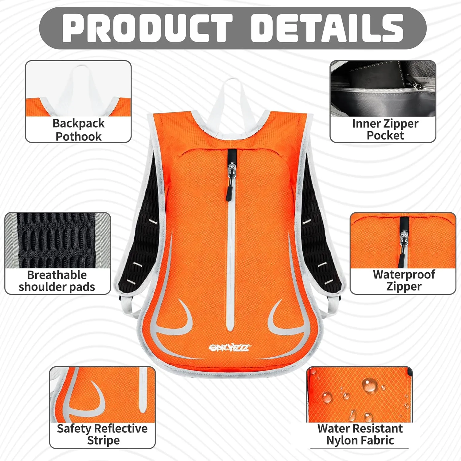 ONTYZZ Orange 14L Small Running Backpack Waterproof& Lightweight Hiking Backpack with Reflective Stripes for Biking Hiking Running Skiing Camping Trekking Mountaineering