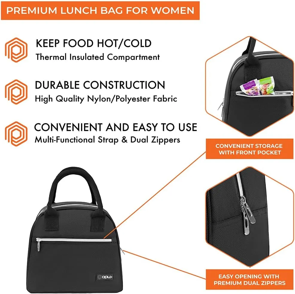 OPUX Premium Lunch Box for Women, Insulated Lunch Bag Tote Girls Kids Teen Adult, Cute Soft Lunch Cooler Container Work School, Reusable Thermal Food Meal Prep Organizer Lunch Pail Travel Beach, Black