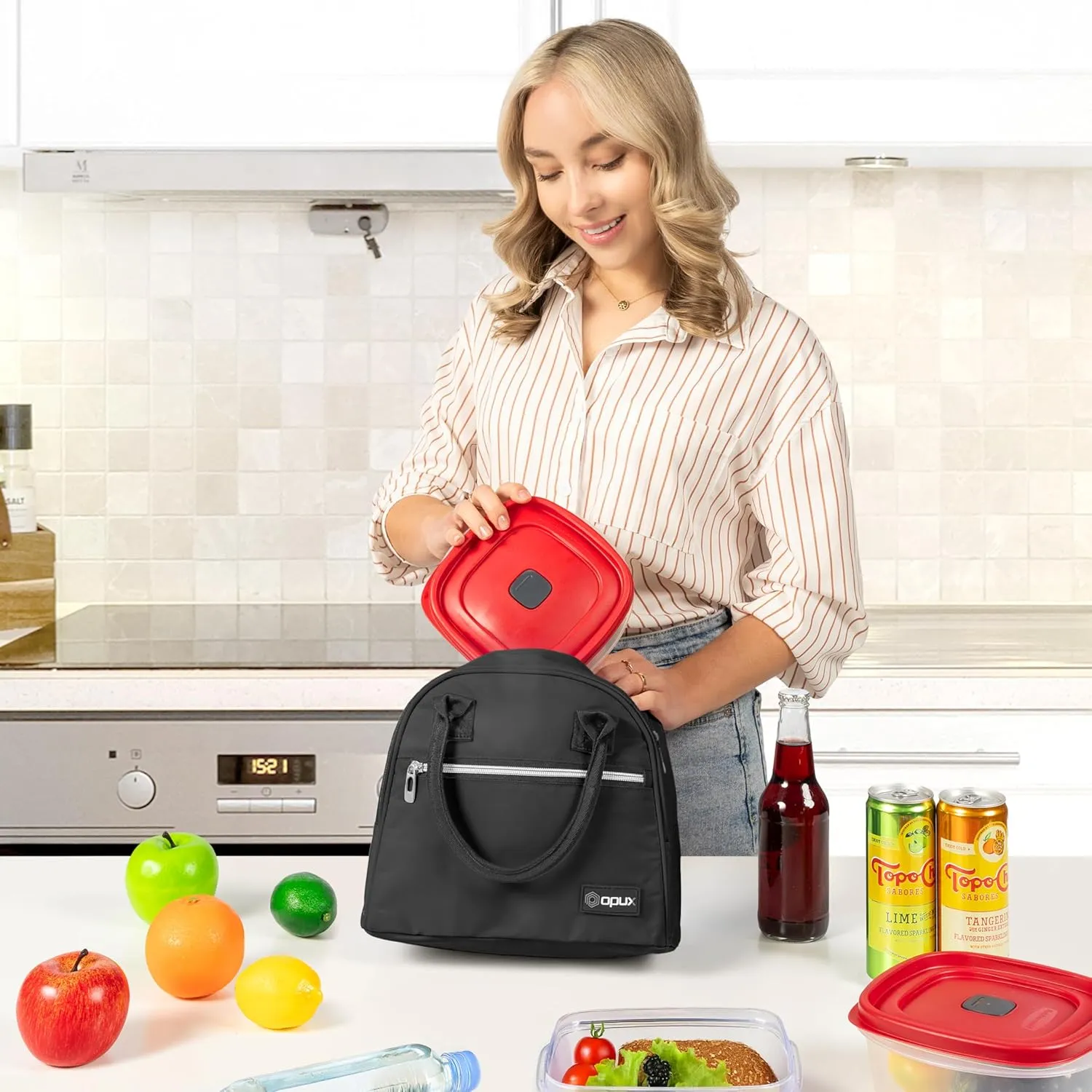 OPUX Premium Lunch Box for Women, Insulated Lunch Bag Tote Girls Kids Teen Adult, Cute Soft Lunch Cooler Container Work School, Reusable Thermal Food Meal Prep Organizer Lunch Pail Travel Beach, Black