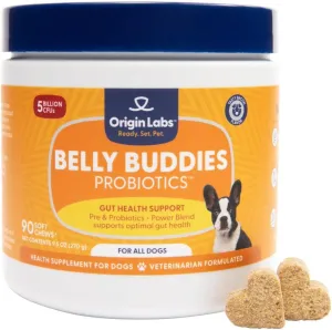 Origin Labs Belly Buddies Probiotics for Dogs, 5 Billion CFUs Prebiotics & Probiotics for Gut Health, 7 Strain Probiotic Blend, Immune Support, for All Dogs, Bacon Flavor, 90 Soft Chews