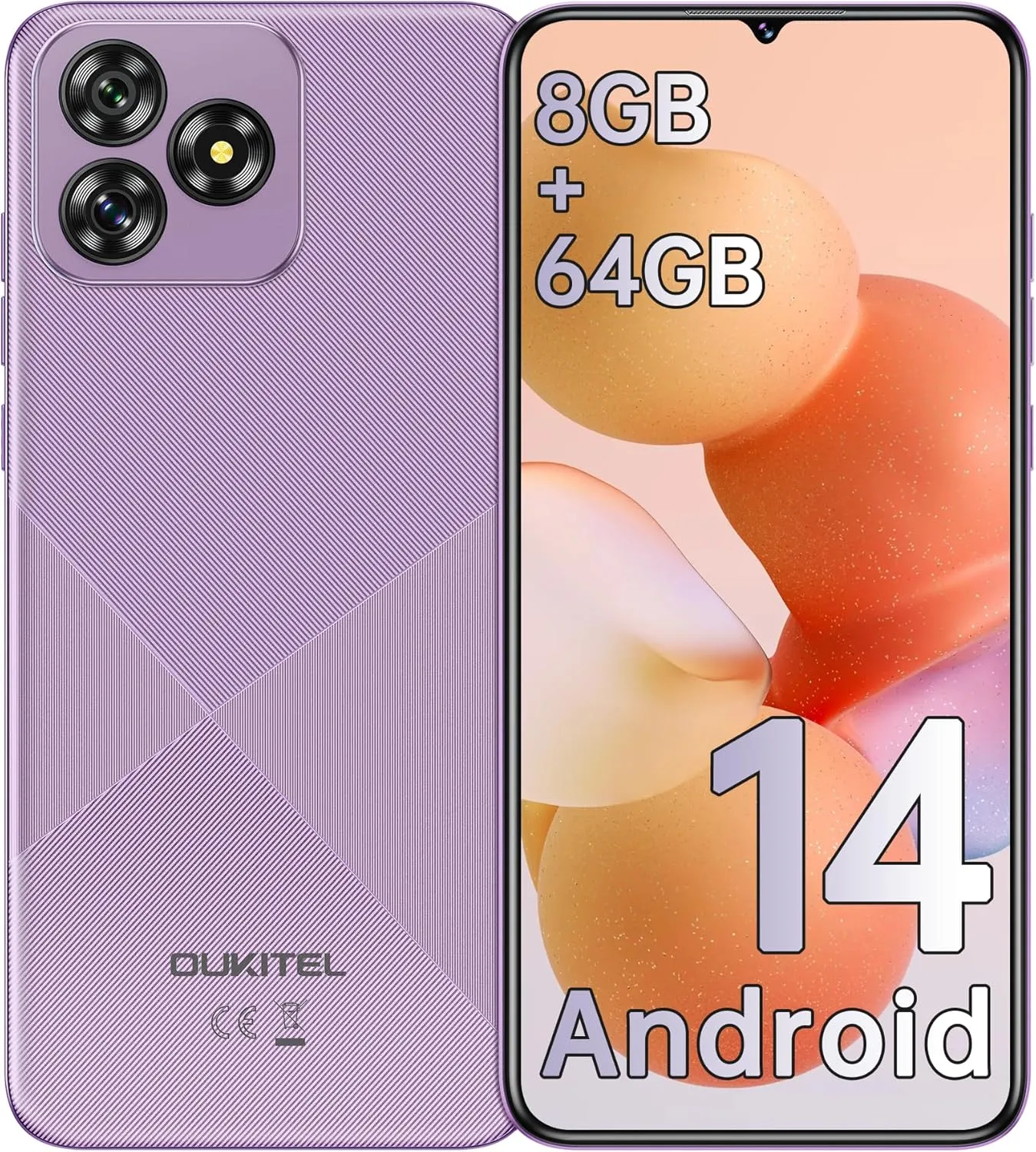 OUKITEL C53 Cell Phone Unlocked, 6.6" HD  Waterdrop Screen Android 14 Phone, 4300mAh Smartphone, 8GB 64GB/1TB Octa Core, 13MP Main Camera, 4G Dual SIM, Face ID/GPS/3.5mm Jack, T-Mobile - Purple