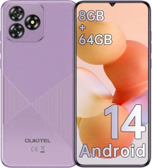 OUKITEL C53 Cell Phone Unlocked, 6.6" HD  Waterdrop Screen Android 14 Phone, 4300mAh Smartphone, 8GB 64GB/1TB Octa Core, 13MP Main Camera, 4G Dual SIM, Face ID/GPS/3.5mm Jack, T-Mobile - Purple