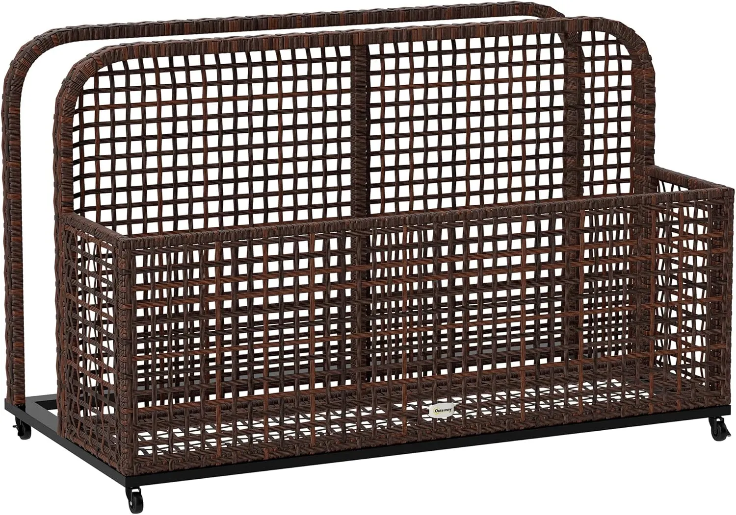 Outsunny Patio Wicker Pool Float Storage with Wheels, Outdoor Rolling PE Rattan Pool Caddy, Includes Compartment and Basket, for Pool, Garden, Deck, Brown