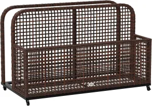 Outsunny Patio Wicker Pool Float Storage with Wheels, Outdoor Rolling PE Rattan Pool Caddy, Includes Compartment and Basket, for Pool, Garden, Deck, Brown