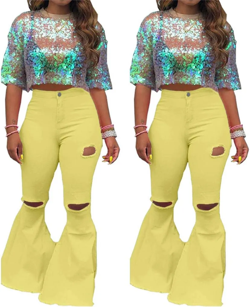 Oversized Skinny Ripped Bell Bottom Jeans Plus Size High Waist Bootcut Classic Flared Jean Pants