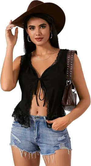 OYOANGLE Women's Summer Casual Tie Front Top Sleeveless V Neck Lace Trim Going Out Crop Blouse
