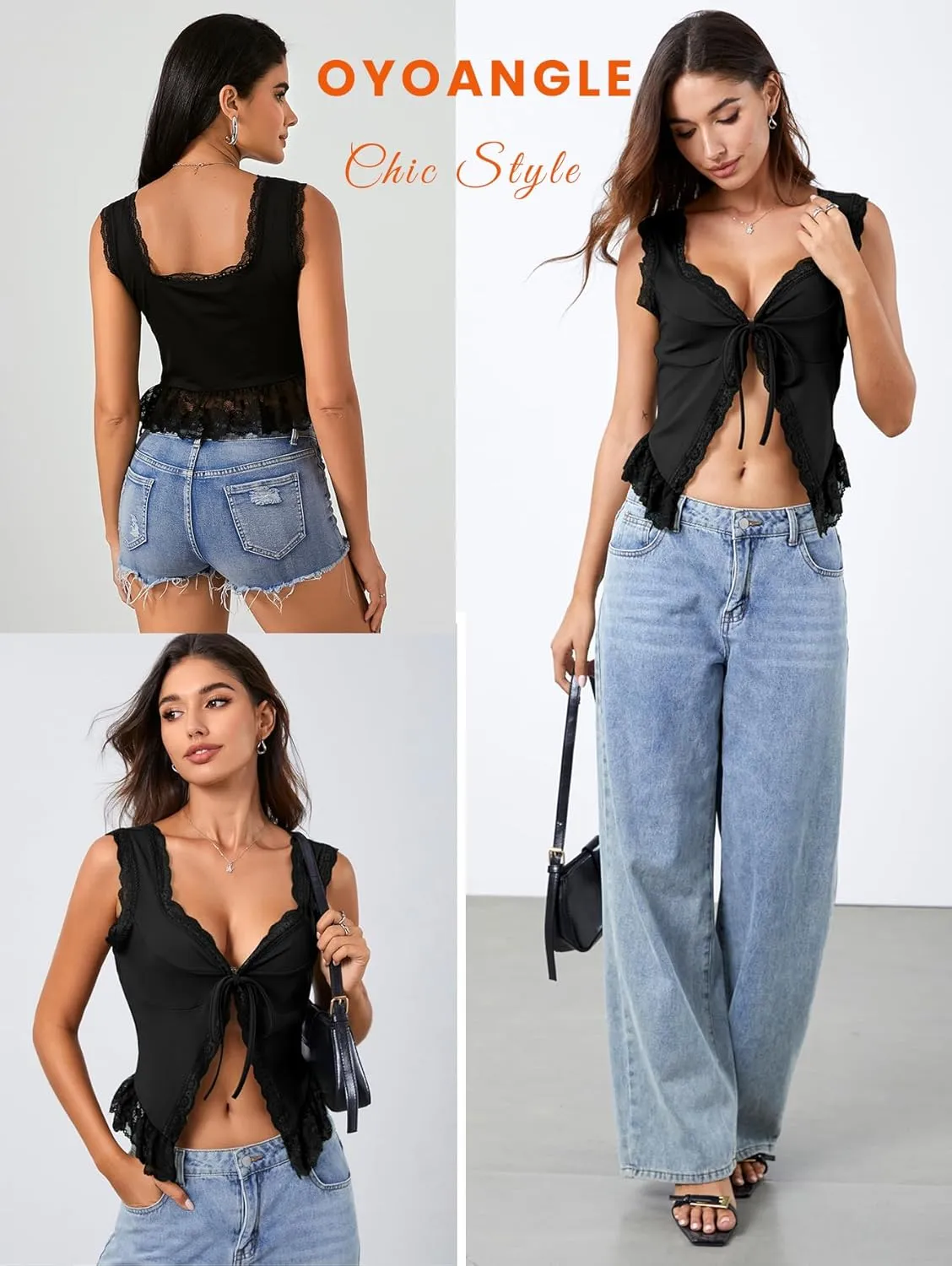 OYOANGLE Women's Summer Casual Tie Front Top Sleeveless V Neck Lace Trim Going Out Crop Blouse