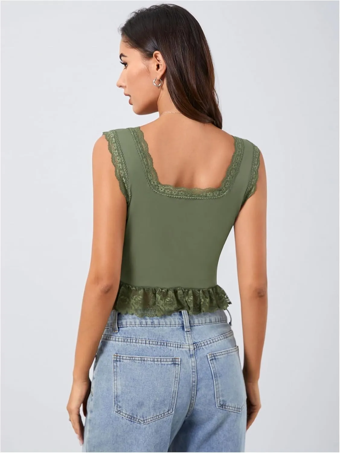 OYOANGLE Women's Summer Casual Tie Front Top Sleeveless V Neck Lace Trim Going Out Crop Blouse