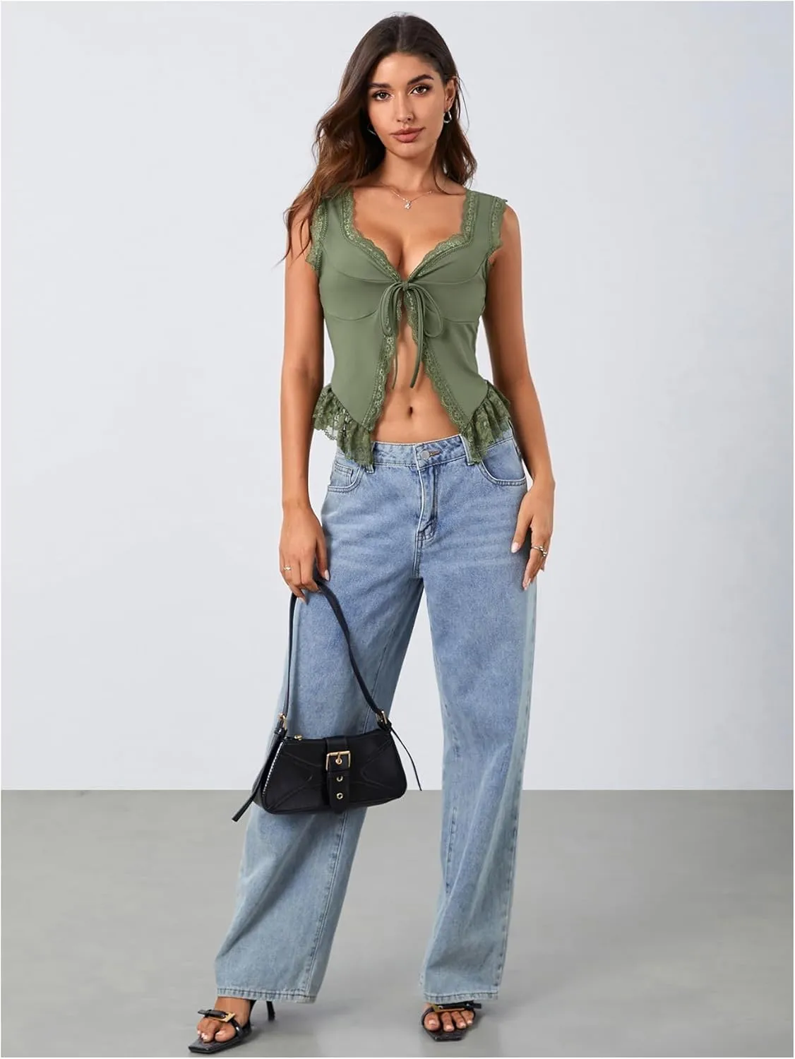 OYOANGLE Women's Summer Casual Tie Front Top Sleeveless V Neck Lace Trim Going Out Crop Blouse