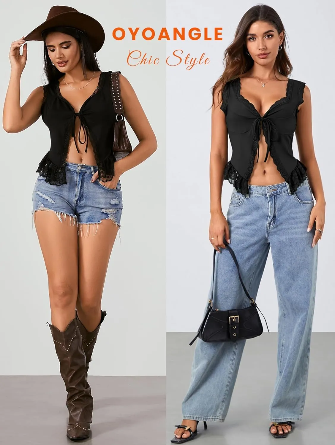 OYOANGLE Women's Summer Casual Tie Front Top Sleeveless V Neck Lace Trim Going Out Crop Blouse
