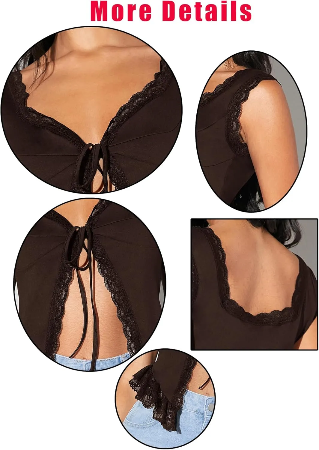 OYOANGLE Women's Summer Casual Tie Front Top Sleeveless V Neck Lace Trim Going Out Crop Blouse