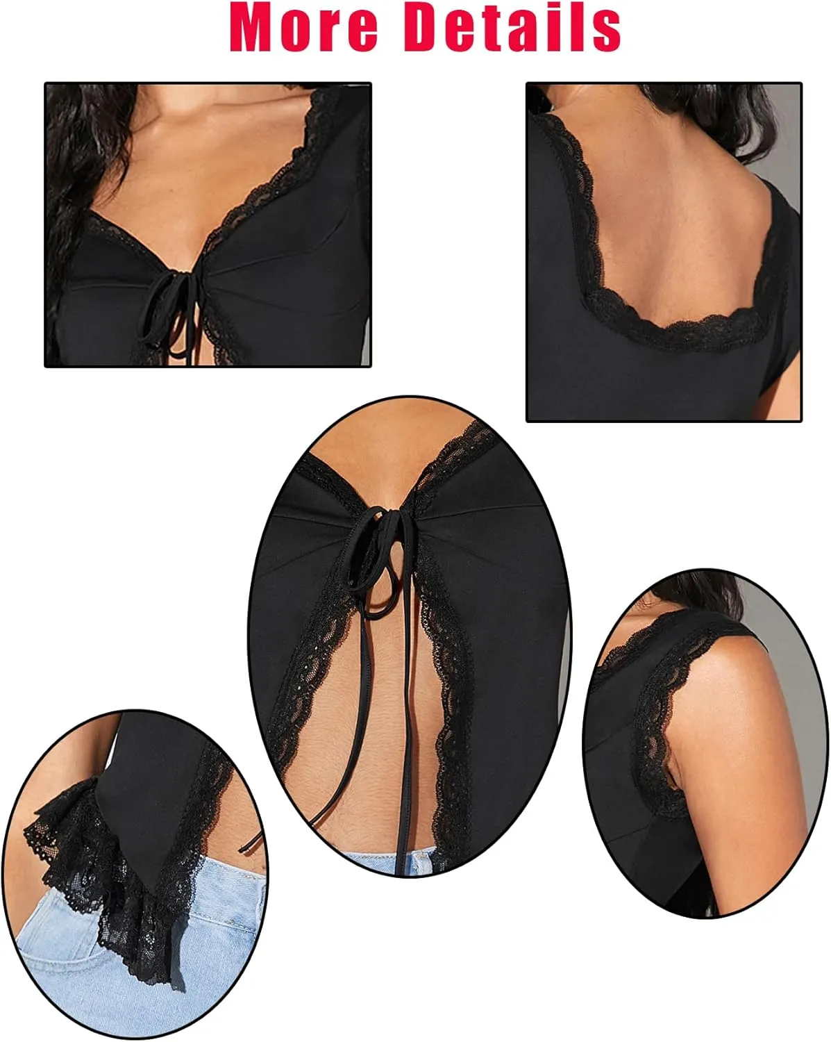 OYOANGLE Women's Summer Casual Tie Front Top Sleeveless V Neck Lace Trim Going Out Crop Blouse