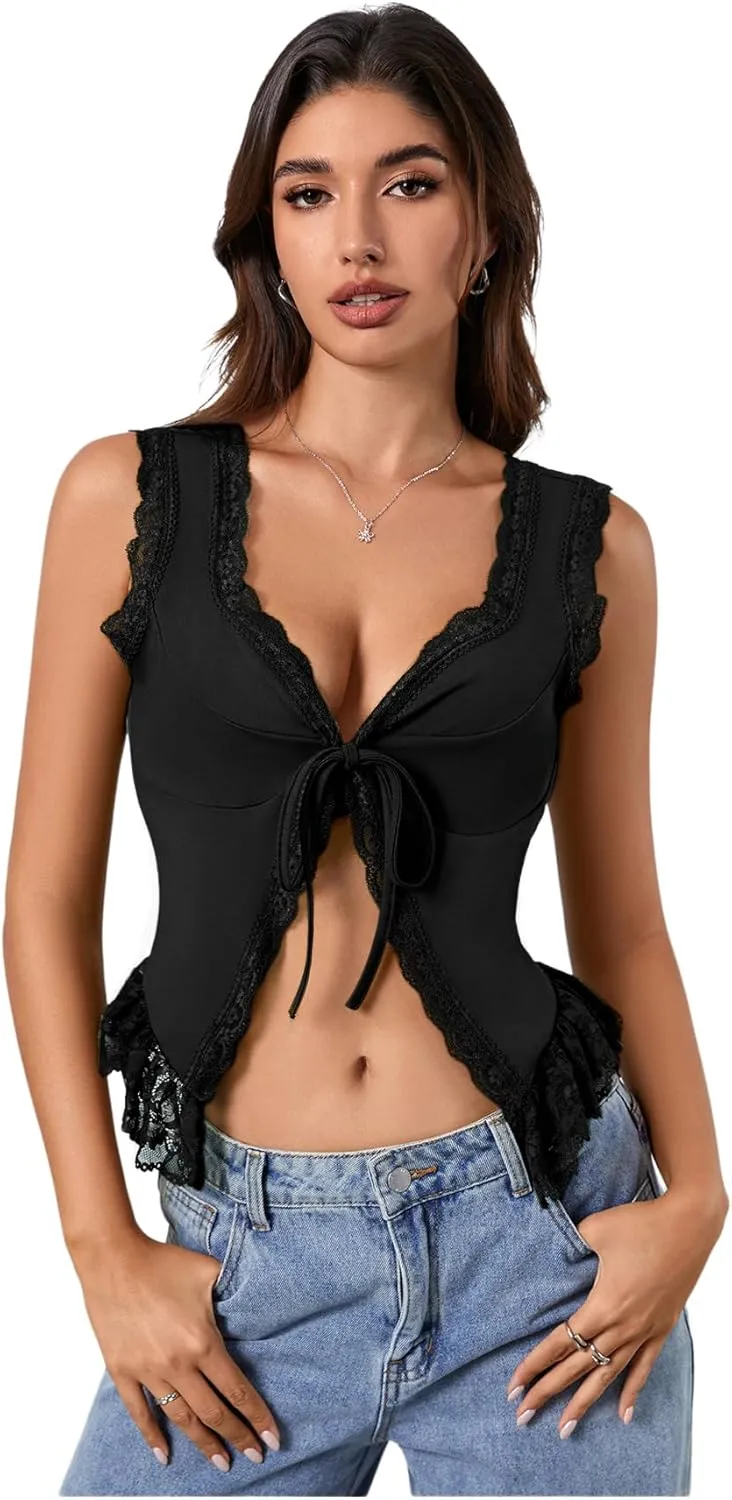 OYOANGLE Women's Summer Casual Tie Front Top Sleeveless V Neck Lace Trim Going Out Crop Blouse