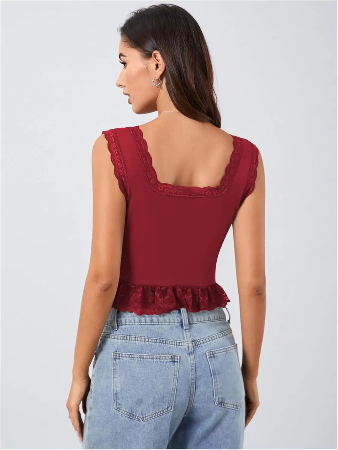 OYOANGLE Women's Summer Casual Tie Front Top Sleeveless V Neck Lace Trim Going Out Crop Blouse