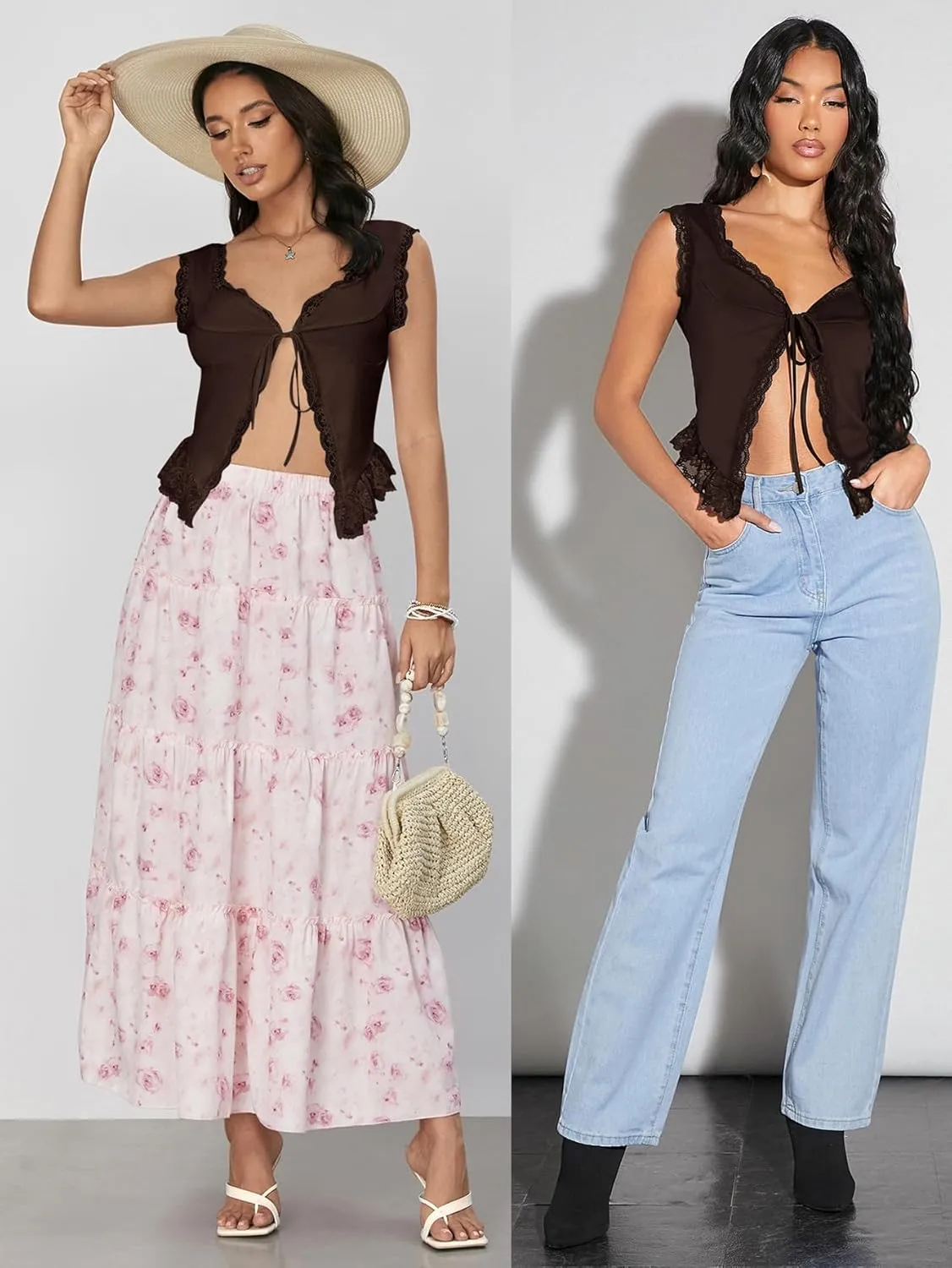 OYOANGLE Women's Summer Casual Tie Front Top Sleeveless V Neck Lace Trim Going Out Crop Blouse