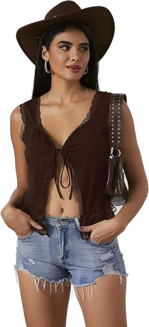 OYOANGLE Women's Summer Casual Tie Front Top Sleeveless V Neck Lace Trim Going Out Crop Blouse