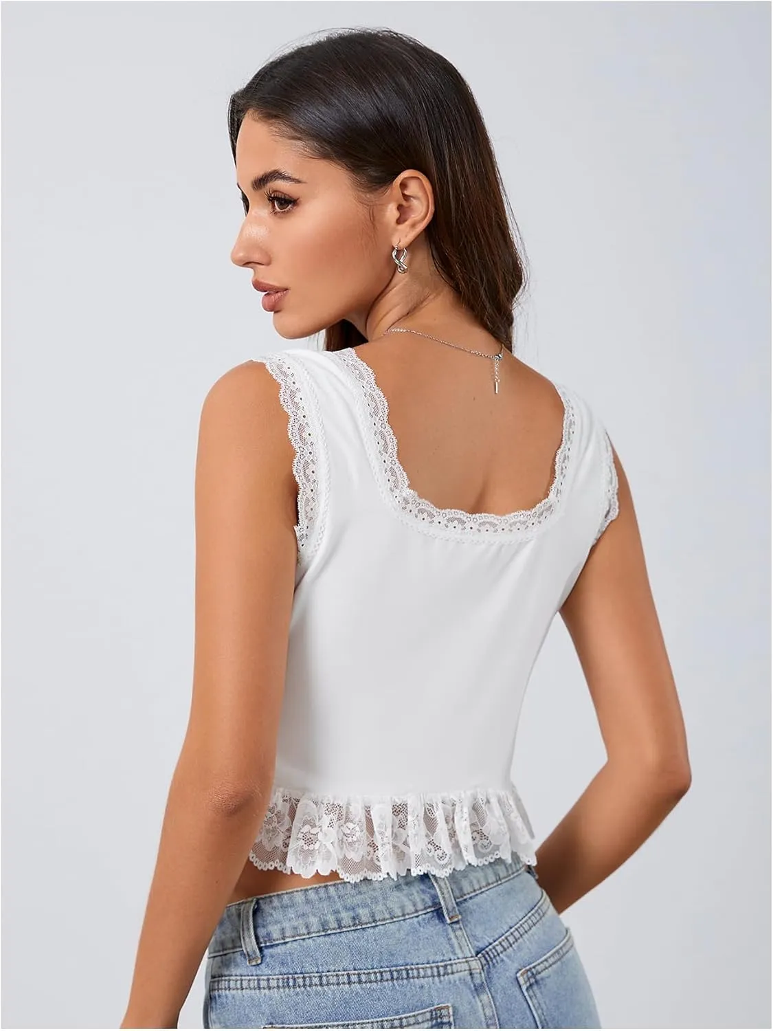 OYOANGLE Women's Summer Casual Tie Front Top Sleeveless V Neck Lace Trim Going Out Crop Blouse