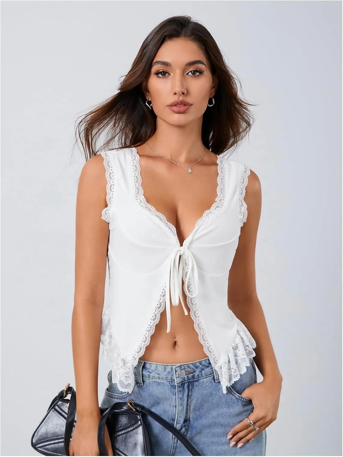 OYOANGLE Women's Summer Casual Tie Front Top Sleeveless V Neck Lace Trim Going Out Crop Blouse